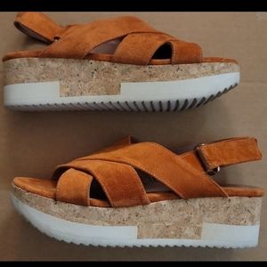 Homers Artisan Suede Strappy Sandals size 38 Orange Cork Platform Wedge
